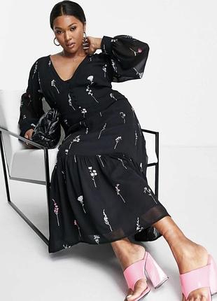 Платье шифоновое, платье миди, черное платье, ярусное платье, платье вышивка, изысканное элегантное платье