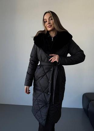 До -20 ❄  зимова тепла стьобана довга куртка пальто з коміром під норку  капішоном під пояс