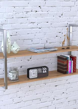 Настінна полиця loft design pl-2-18 дуб крафт золотий, 112 см, колір кронштейнів - сріблястий, металевий профіль 25х25 мм