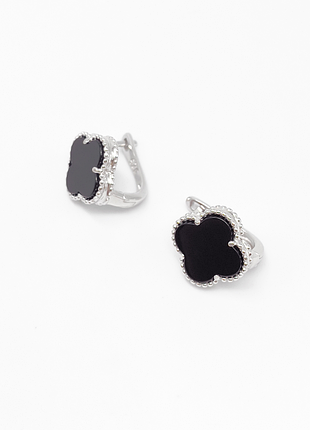 Срібні сережки в стилі "van cleef та arpels" зі вставкою онікс
