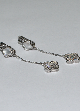 Срібні сережки в стилі "van cleef та arpels" зі вставкою перламутр/фіаніт
