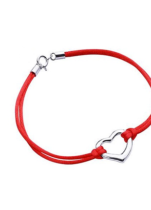 Серебряный браслет с шелком и сердцем, размер 18 см x 0,35 см, вес: 2.2 г