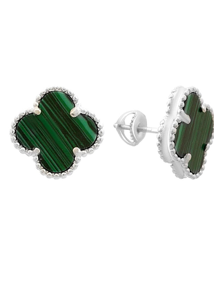 Срібні сережки в стилі "van cleef та arpels" зі вставкою малахіт