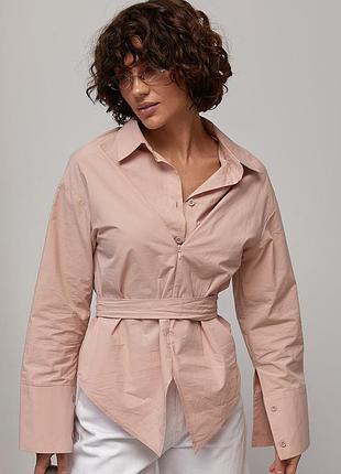Приталенная однотонная рубашка с поясом - пудра плот, one size (имеется размеры)