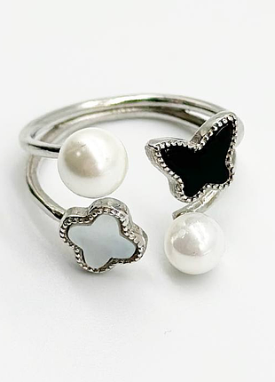 Серебряное кольцо в стиле "van cleef и arpels", перламутр/оникс/перлина, размер 15,0, вес: 2.5 г