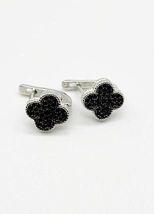 Срібні сережки в стилі "van cleef та arpels" зі вставкою фіаніт/онікс