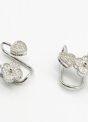 Срібні сережки в стилі "van cleef та arpels" зі вставкою фіаніт