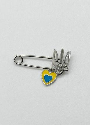 Серебряная брошь герб украины с сердечком