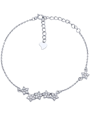 Серебряный браслет с фианитами звездочки, размер 15,5 см x 0,1 см, вес: 2.4 г