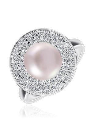 Серебряное кольцо с жемчугом и фианитами, размер 15,5, вес: 4.1 г 16,5