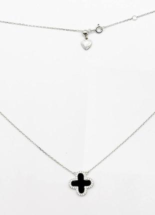 Серебряное колье в стиле "van cleef и arpels" со вставкой фианит/оникс, размер 48 см x 0,1 см, вес: 3.5 г