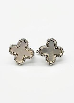 Срібні сережки в стилі "van cleef та arpels" зі вставкою фіаніт/перламутр