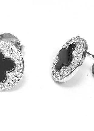 Срібні сережки в стилі "van cleef та arpels" зі вставкою фіаніт/онікс