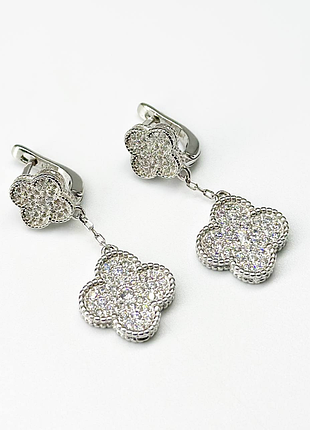 Серебряные серьги в стиле "van cleef и arpels" с фианитами