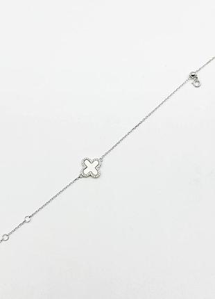Срібний браслет в стилі "van cleef та arpels" зі вставкою фіаніт/перламутр, розмір 22 см x 0,1 см, вага: 3.2 г