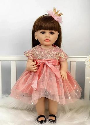 Лялька велика вінілова музична reborn 55см з довгим волоссям з іграшкою, бутилочкою