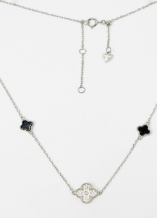 Срібне кольє в стилі "van cleef та arpels" зі вставкою фіаніт/онікс, розмір 43 см x 0,1 см, вага: 3.8 г