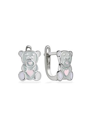Серебряные серьги детские "медвежата" с фианитом и эмалью