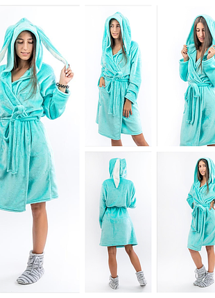 Халат махровий для дівчинки зайка, підлітковий, велсофт, 140см, 146см, 152см, 158см, 164см 152
