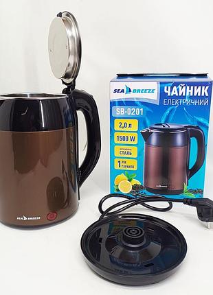 Електрочайник-термос металевий seabreeze sb-0201, стильний електричний чайник, безшумний чайник