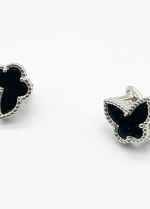 Срібні сережки в стилі "van cleef та arpels" зі вставкою онікс