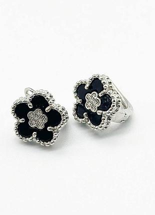 Срібні сережки в стилі "van cleef та arpels" зі вставкою фіаніт/онікс