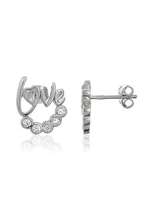Серебряные серьги с фианитами "love"