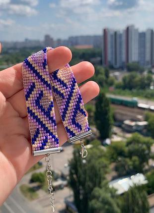 Браслет із бісеру фіолетовий ручна робота геометричний орнамент