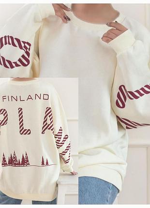 Бежевый удлинённый свитшот оверсайз  утеплённые с надписью на спине finland