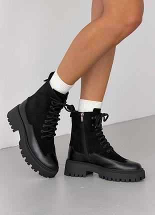 Черные женские ботинки из натуральной кожи на зиму