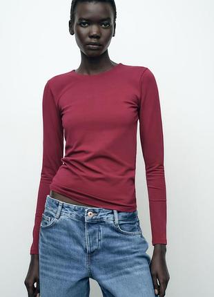 Бавовняний однотонний бордовий лонгслів zara розмір с