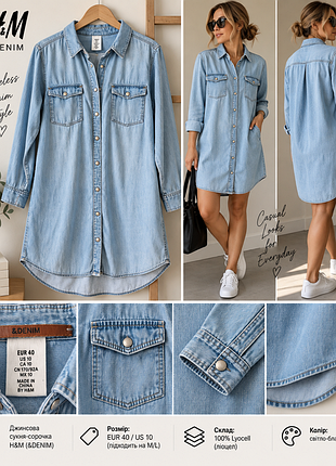 Коротка жіноча джинсова сукня-сорочка h&m &denim світло-блакитна, довгий рукав, розмір eur 40 / us 10, матеріал ліоцелл