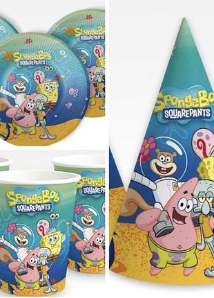 Набір посуду ковпаки тарілки стакани spongebob "губка боб і друзі" кольорові по 6 шт