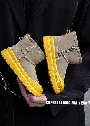 Дитячі стильні уггі "sunbeam" з хутром та яскравою жовтою підошвою – beige/yellow