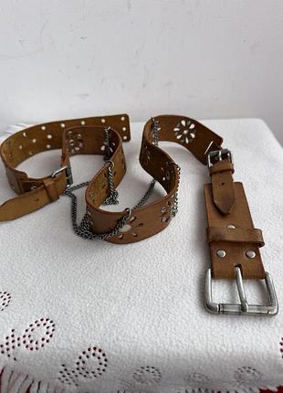 Ремень accessorize -кожаный,женский, коричневый,декорированный перфорацией, в стиле бохо,105х3,5см