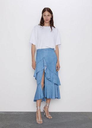 100% lyocell джинсовая юбка-мини zara ruffled denim skirt с воланами