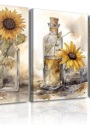 3 шт. настінні картини соняшник piy painting 30 х 40 см декоративна картина друк на полотні, модульна картина триптих
