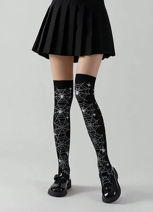 Чулки чёрные с белым узором паутины gothic web over-knee (10775)