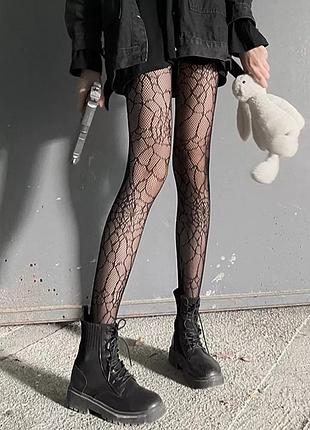 Колготки чёрные в сетку с узором паутины y2k gothic (10772)