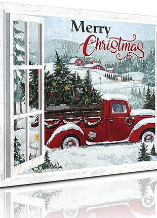 Картина на полотні 30×40 см kairne merry christmas зображення різдвяної червоної вантажівки з ялинкою