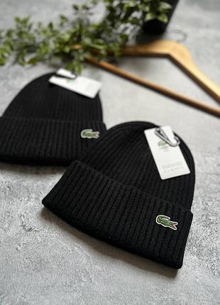 Шапка lacoste з відворотом, one size, чорна