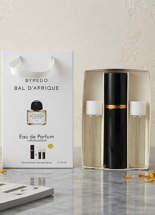 Розкішний нішевий набір byredo bal d'afrique (3х15 мл) у тревел-атомайзері — парфумована вода