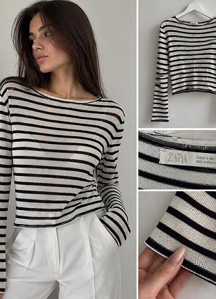 Тонкий в'язаний лонгслів в смужку з бавовова хлопок zara з довгим широким рукавом