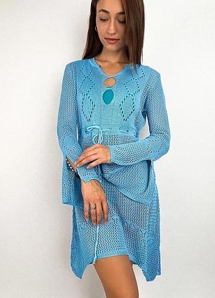Туніка пляжна жіноча в'язана блакитна ажурна one size 4