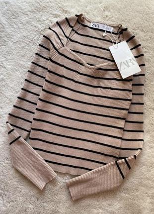 Zara кофта в рубчик, кофта з декольте, кофта у смужку, джемпер, лонгслів