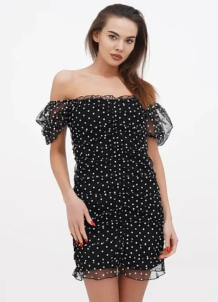 Черное кэжуал платье с открытыми плечами h&amp;m в горошек