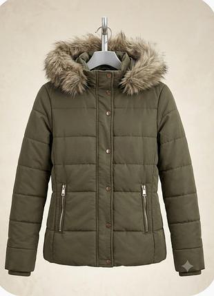 Женская/подростковая зимняя стеганая куртка h&amp;m с мехом (хаки) р.36( 165/ 84)
