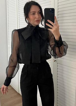 Чорна прозора шифонова блуза з бантом 🖤