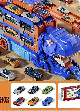 Автовоз транспортер трек динозавр трансформер dino3 ті-рекс 3 в 1 гараж 6 машинок синій
