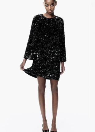 Чорна коротка сукня з блискітками а-силуету h&m